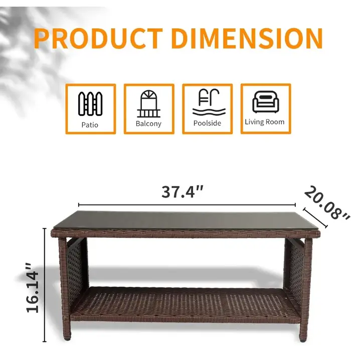 Table basse d'extérieur en osier avec plateau en verre trempé et rangement pour patio