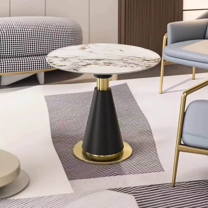 Table à manger ronde moderne avec plateau en imitation marbre
