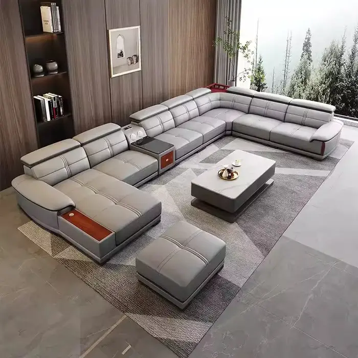 Grand canapé en cuir véritable avec chaise longue