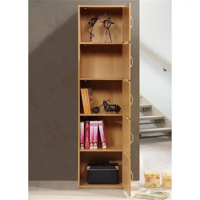 Bibliothèque à 5 étagères et 5 portes, 59 x 15,9 x 11,75 pouces, rangement multifonctionnel fin pour