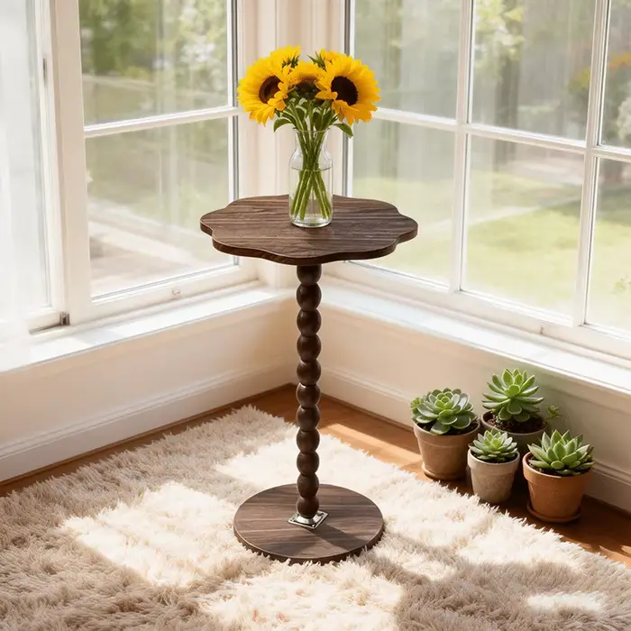 Table d'appoint marron à motif floral, table d'appoint moderne étroite avec piétement sur pied pour petits espaces, à côté du canapé et du bureau