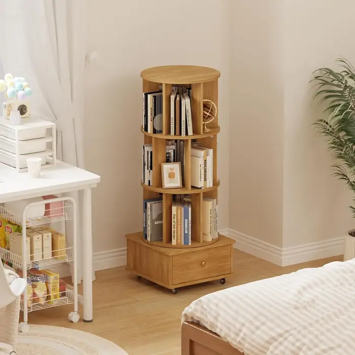 Étagère rotative à 3 niveaux avec tiroirs et roulettes, bibliothèque d'angle 360°, tour de rangement