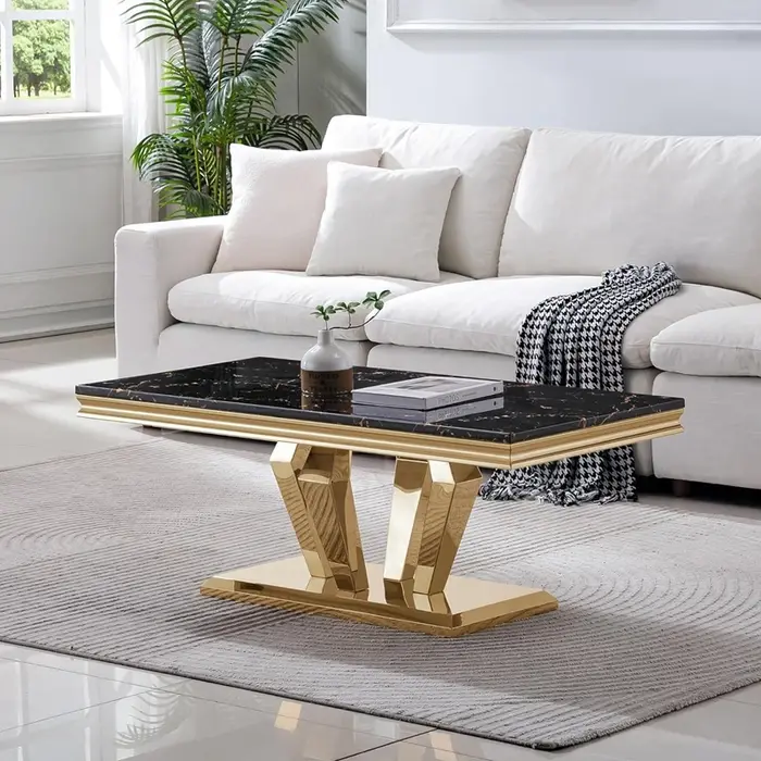 Table basse en marbre de luxe moderne avec centre en métal doré, ensembles de meubles de salon d'ext