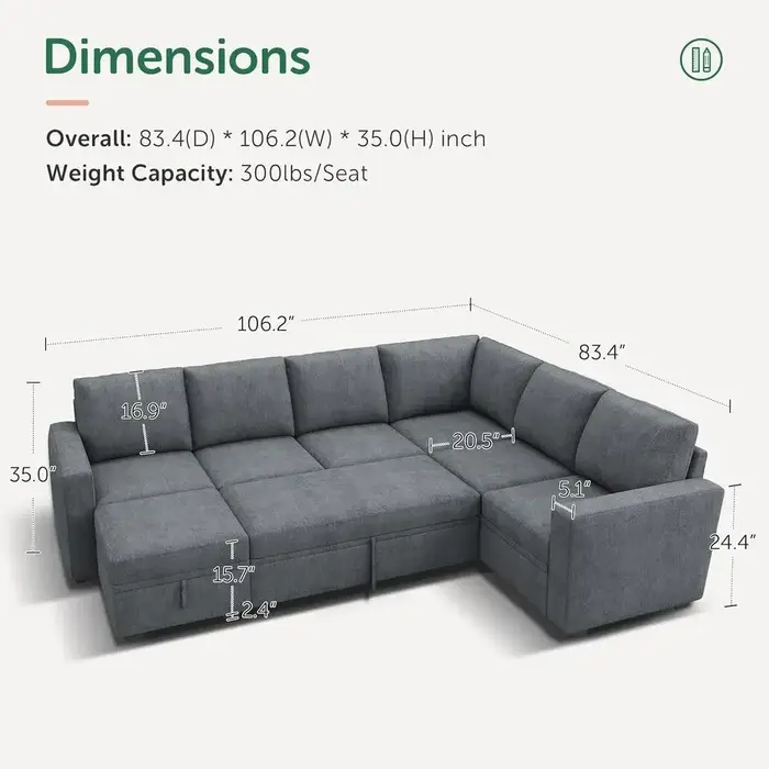 Bestseller - Canapé-lit en chenille gris avec ottoman de rangement et lit escamotable pour salon