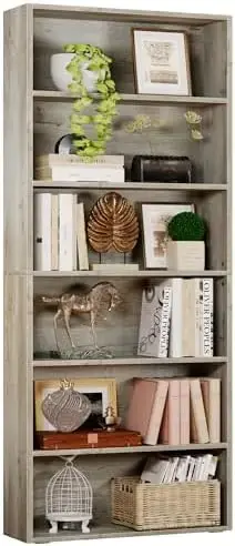 Bibliothèque vintage marron de 70 pouces de hauteur, présentoir à 6 étagères, design industriel, pou