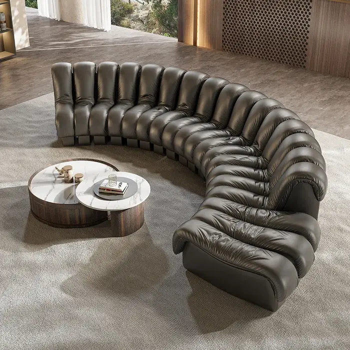Canapé modulaire incurvé en cuir noir de luxe, unique, style serpent