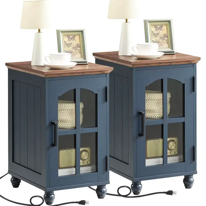 Ensemble de 2 tables d'appoint étroites, table de chevet style farmhouse avec station de charge, tab