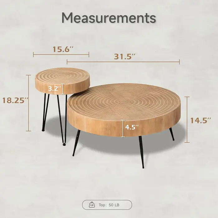 Ensemble de 2 tables basses rondes imbriquées, plateau en bois naturel avec pieds en métal noir, mot
