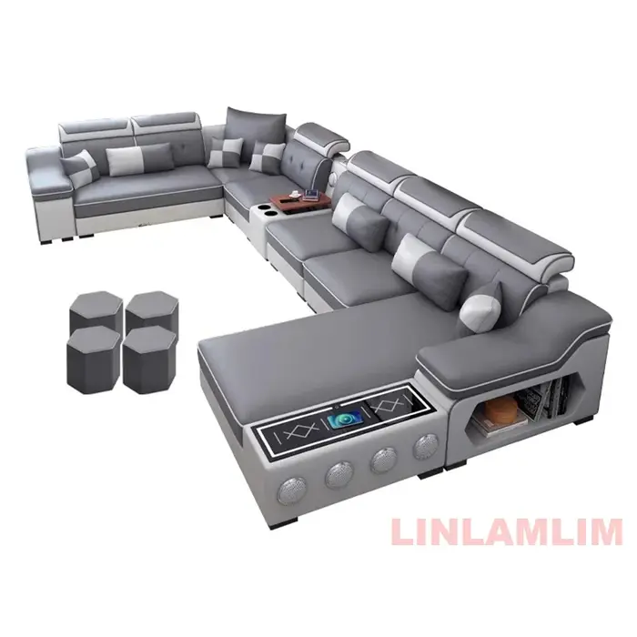 Linlamlim Ensemble de canapé sectionnel en tissu scientifique moderne avec chaise longue, haut-parle