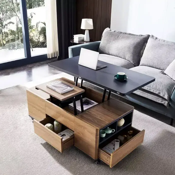 Table basse élévatrice moderne, table basse intelligente multifonctionnelle avec 3 tiroirs en noyer 
