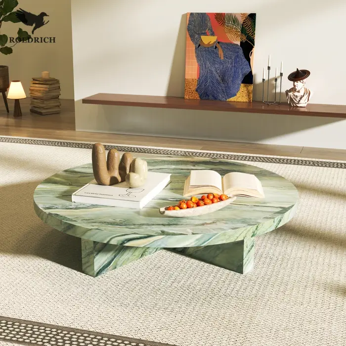 Table basse ronde en marbre vert jade, style rétro ancien, pour salon, appartement, table de luxe en