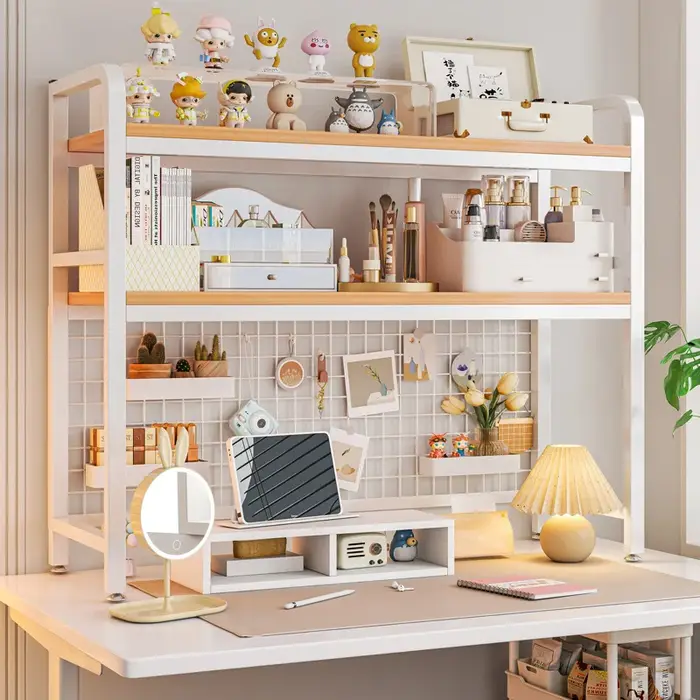 Bibliothèque de bureau à grille, étagère à plusieurs niveaux en fer forgé, Table de bureau d'ordinat