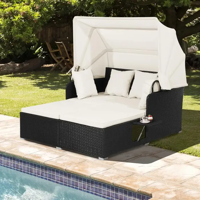 Lit de repos d'extérieur avec auvent rétractable, ensemble de meubles de patio en osier avec coussin