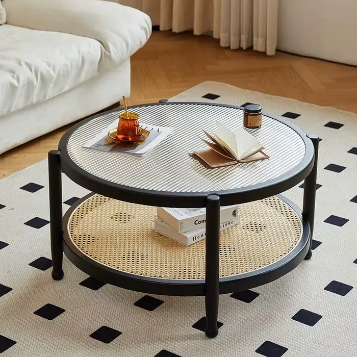 Table basse ronde japonaise en rotin et bois