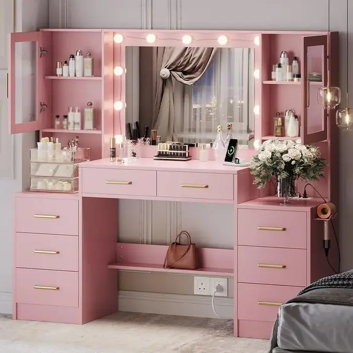 Coiffeuse de maquillage 58.3 avec station de charge, table de maquillage rose avec miroir lumineux, 