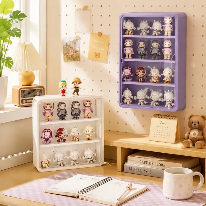 Vitrine murale blanche à 4 niveaux, étagère transparente anti-poussière pour le rangement de figurines Blind Box et la décoration intérieure