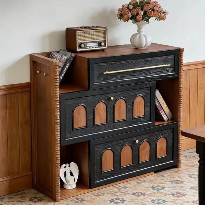 Buffet en bois, console géométrique sculptée en bois massif, chêne teinté noir, armoire en noyer naturel, meuble de couloir moderne