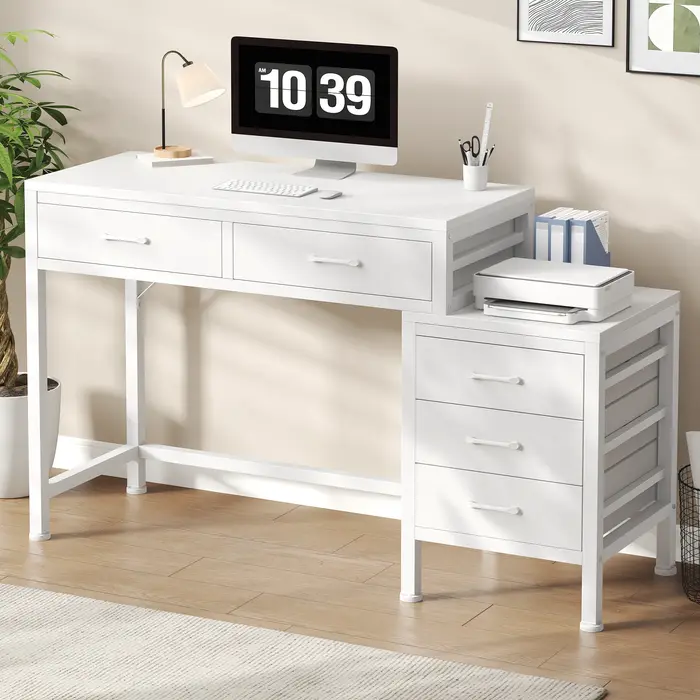 Bureau d'ordinateur JHK 51IN avec 5 tiroirs, petit bureau de bureau, table d'ordinateur avec support