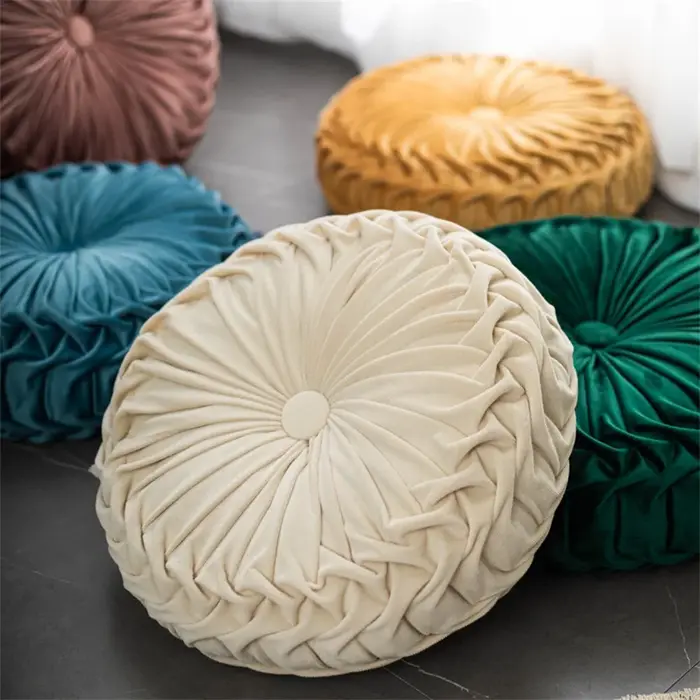 Coussin rond plissé en velours pour canapé