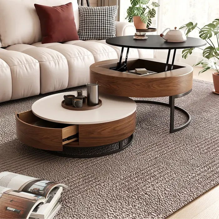 Table basse de levage en bois ronde multifonctionnelle moderne avec plateau en marbre avec rangement
