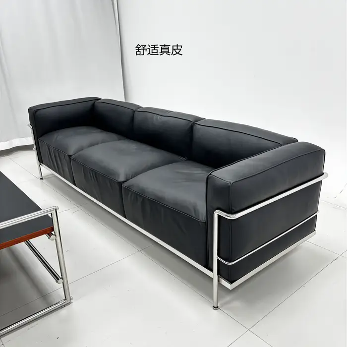 Canapé 3 places en cuir véritable noir de luxe nordique avec coussins en éponge pour salon école sou