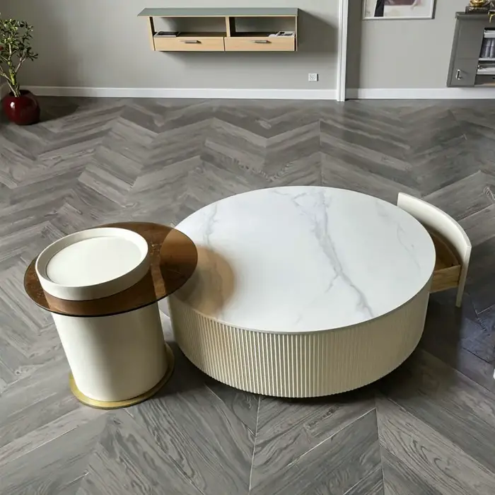 Table d'appoint moderne en bois blanc crème, pierre frittée, tiroir, caractéristique de nidification