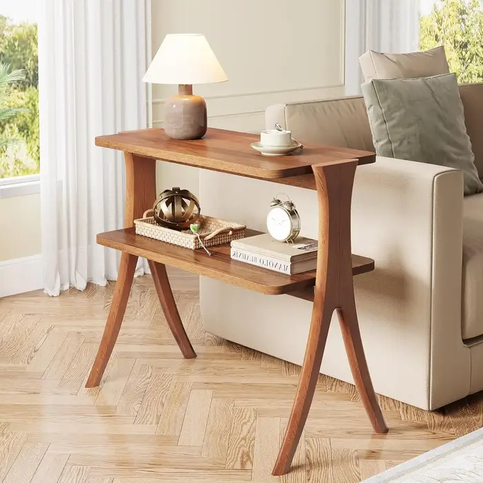 Table d'appoint pour salon, table d'appoint de ferme avec étagère de rangement à 2 niveaux et pieds 