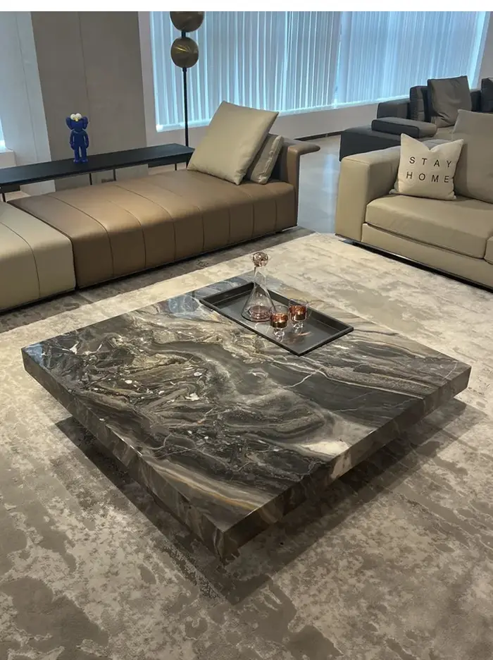 Table basse de luxe italienne en marbre marron de venise, Design carré moderne, métal haut de gamme 