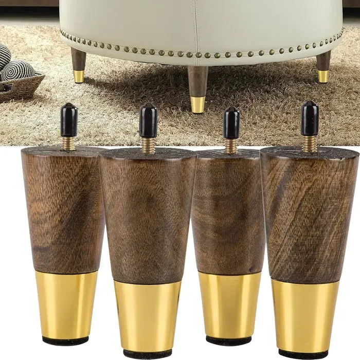 Pieds de meubles en bois, pieds de canapé ronds et coniques marron, style moderne du milieu du siècle, avec base en laiton