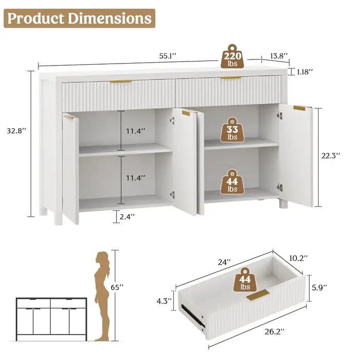 Buffet blanc cannelé avec rangement, 55 pouces, grand meuble de rangement en bois avec étagères régl