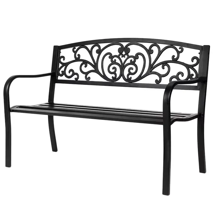 Banc de jardin extérieur en métal avec dossier en PVC à motifs, pour patio, véranda, cour, pelouse, 