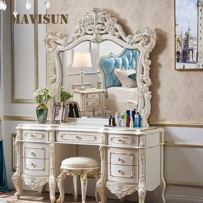 Coiffeuse dorée de luxe avec grand miroir, sculptée avec raffinement, style européen, pour chambre à