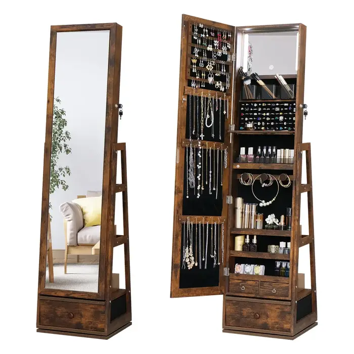 Armoire à bijoux avec miroir pleine longueur pivotant à 360° - Armoire sur pied avec miroir intégré 