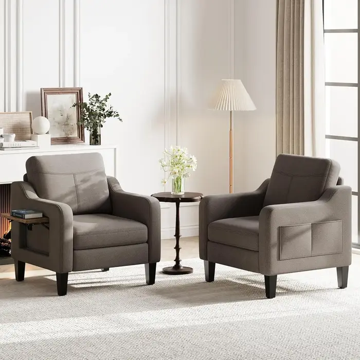 Fauteuil d'appoint pour salon, fauteuil moderne en lin rembourré, canapé en tissu avec table pliable