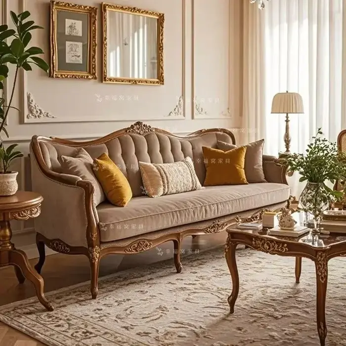 Canapé trois places rétro en bois massif sculpté à la main, style français, avec tissu motif tigre, 