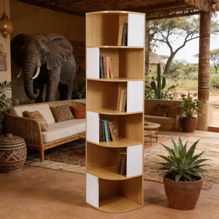 Bibliothèque d'angle moderne, étagère à 6 niveaux en bois massif et MDF, étagère de présentation réglable avec dossier en acier inoxydable
