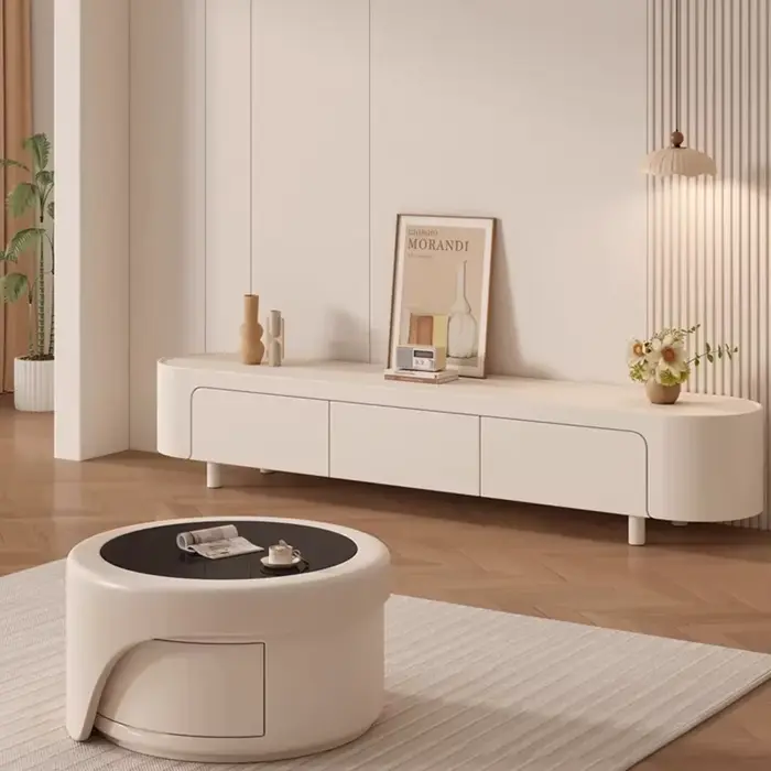 Meuble TV d'angle moderne de luxe avec tiroirs, style farmhouse, pour salon