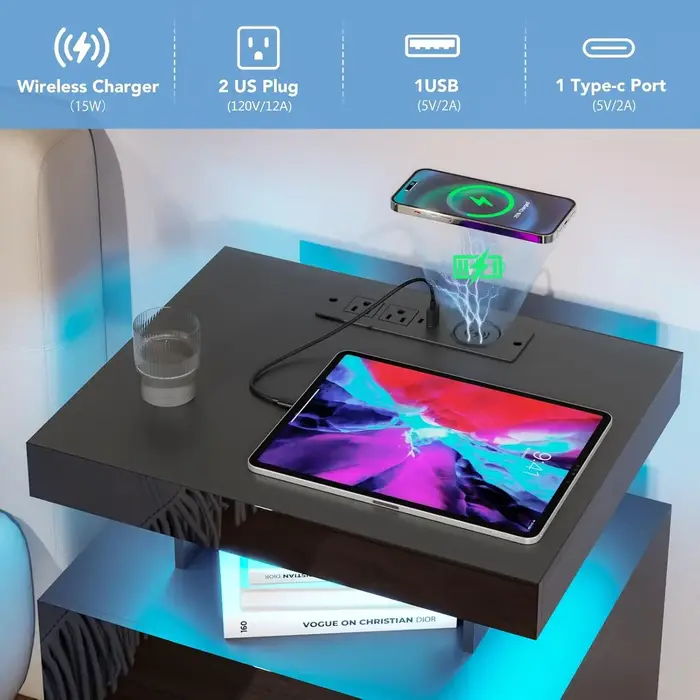 Table de chevet LED avec station de charge sans fil et ports USB, table de chevet moderne, table de 
