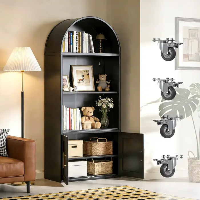 Bibliothèque arquée en métal noir avec roulettes, 2 étagères réglables, pour bureau à domicile, salo