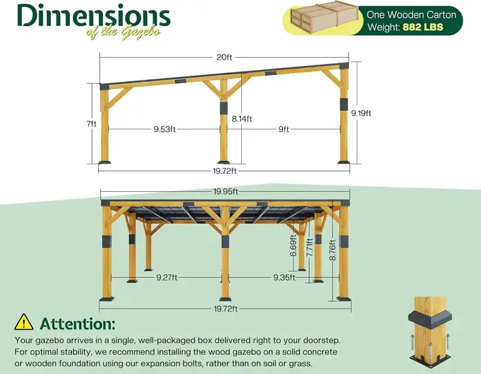 Gazebo en bois de cèdre de 20' x 20' avec toit en acier galvanisé incliné, pavillon à toit rigide av