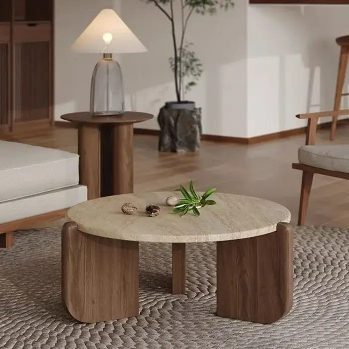 Wabisabi vent Table basse en travertin en bois massif minimaliste petit appartement salon ménage balcon rond