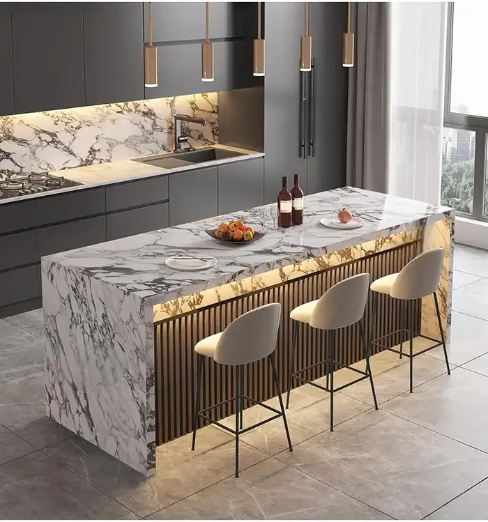 Table de salle à manger îlot en marbre naturel de luxe sur mesure toutes tailles, bar à thé intégré,