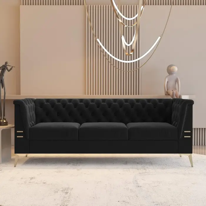 Canapé Chesterfield en velours 3 places capitonné avec pieds en métal doré Salon rembourré confortab