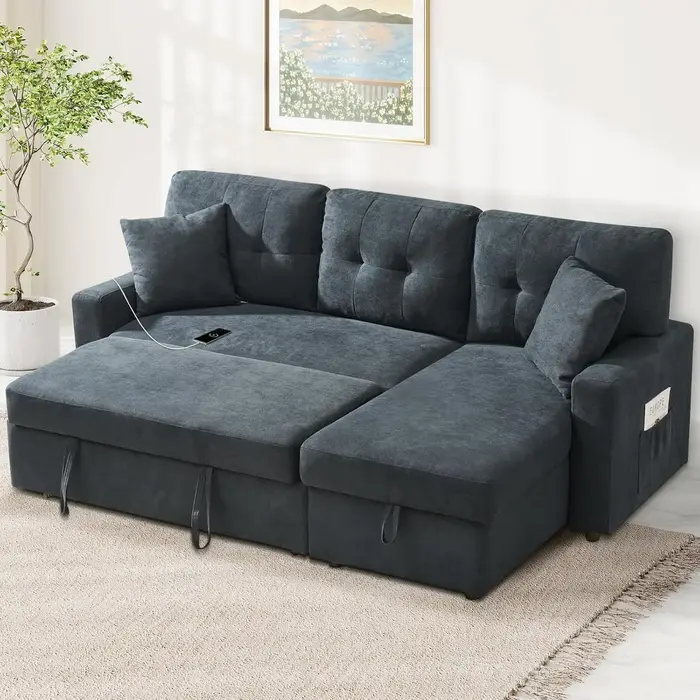 Canapé en forme de L avec rangement, canapé-lit extractible avec ports USB et type-c, canapé-lit con