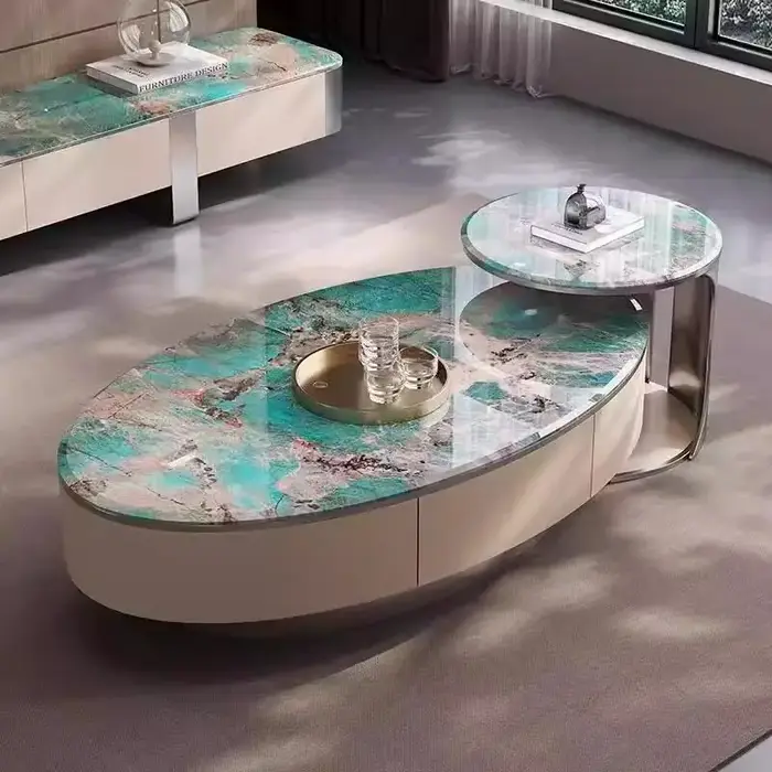 Table basse ovale de luxe en marbre avec cadre en bois et base métallique