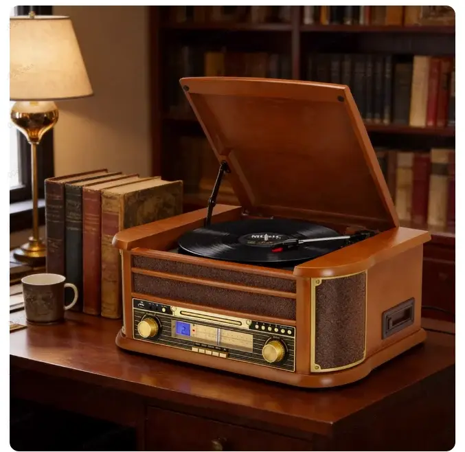 Tourne-disque vinyle vintage, lecteur de CD et de cassette compatible Bluetooth, haut-parleur, radio