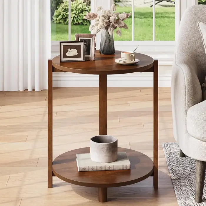 Table d'appoint en bois massif pour salon, petite table ronde avec rangement à 2 niveaux, table de c