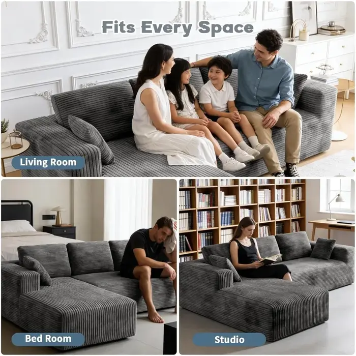 Canapé sectionnel en velours côtelé, canapé en L sans structure avec assise profonde, canapé en mous