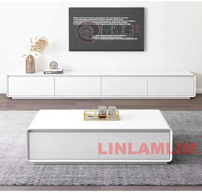 Ensemble de meubles de salon blancs modernes, table basse et meuble TV avec armoires de rangement, e