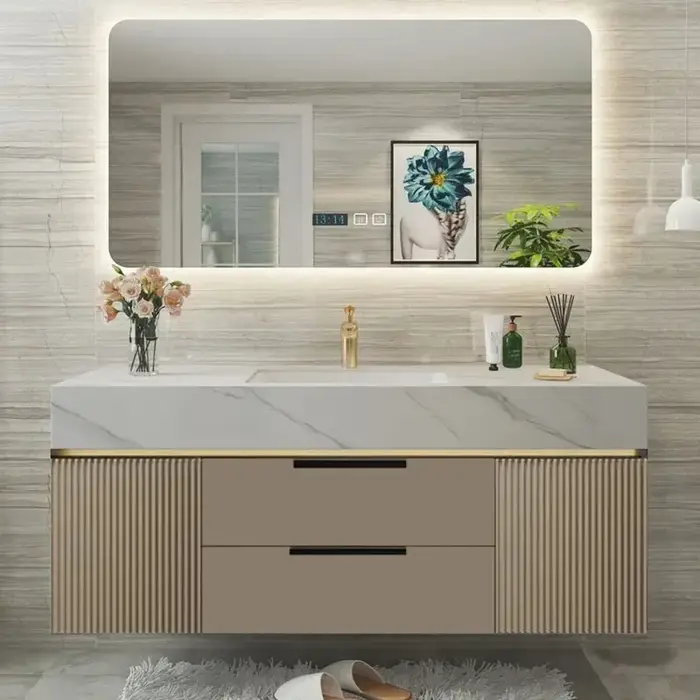 Meuble de salle de bain de luxe en bois avec tiroirs étanches, design élégant, ensemble complet de r
